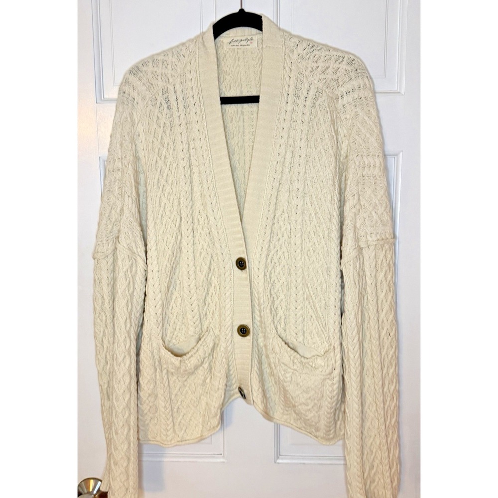 Free People Washed Ashore Cropped Cable Knit Cardigan Cream Slouchy Cotton Large